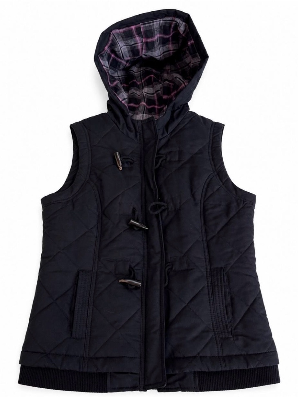 Sonoma Life + Style Women’s Small Black Quilted Hooded Vest Toggle Plaid Lined